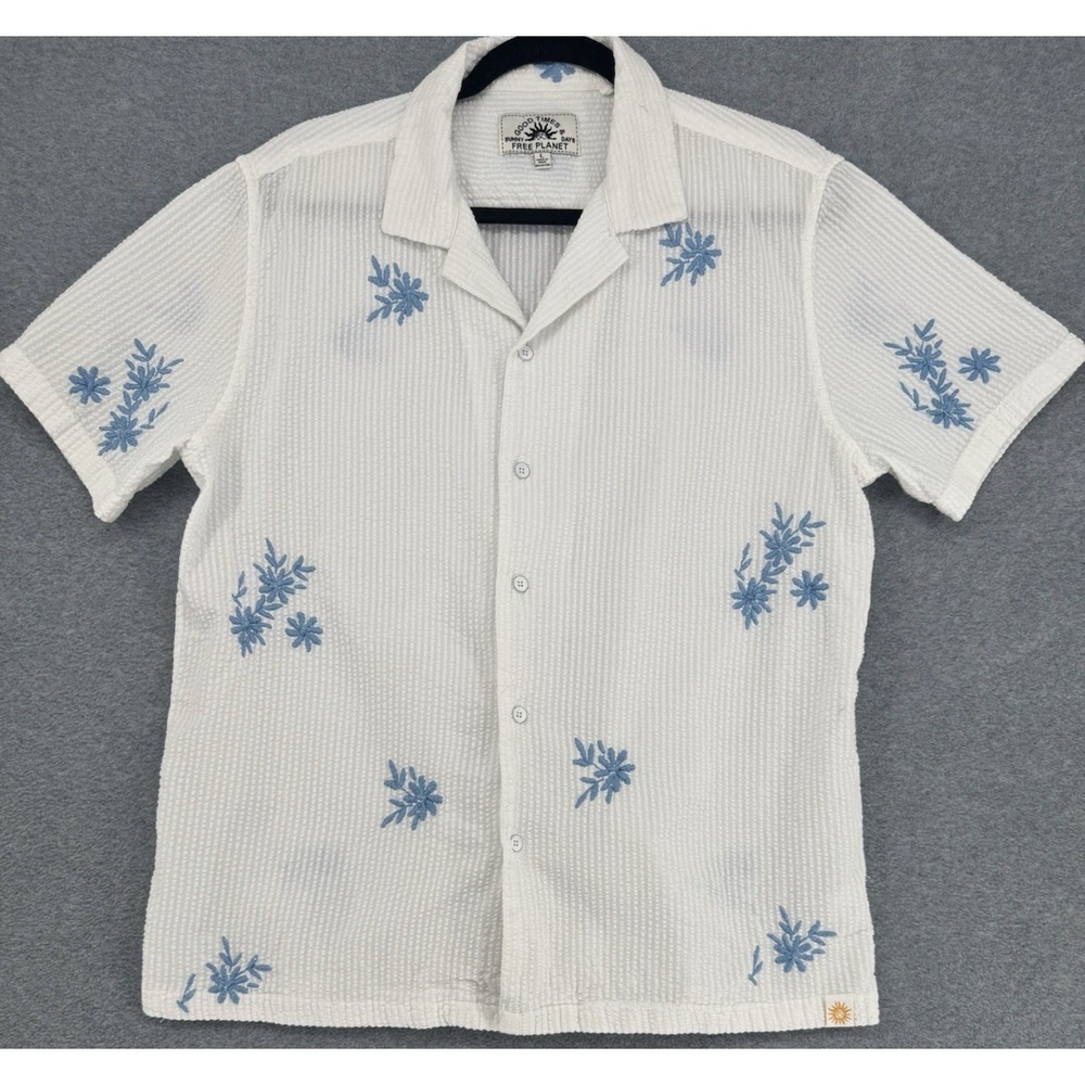 Free Planet Good Times Sunny Days Seersucker Embroidered Shirt Large L Cotton
